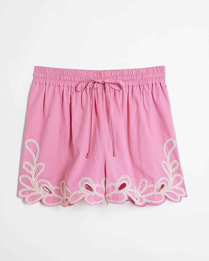 Pink Embroidered Trim Shorts