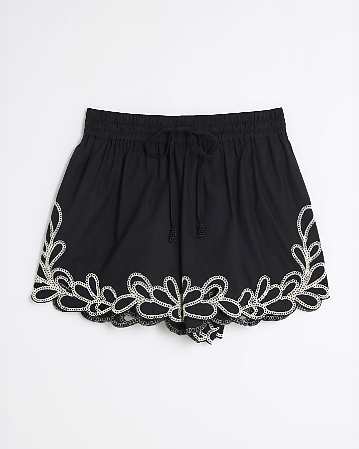 Black Embroidered Trim Shorts
