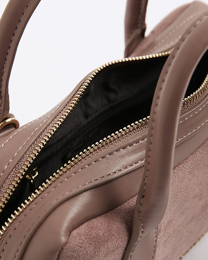 Pink Faux Suede Curved Top Bowler Bag