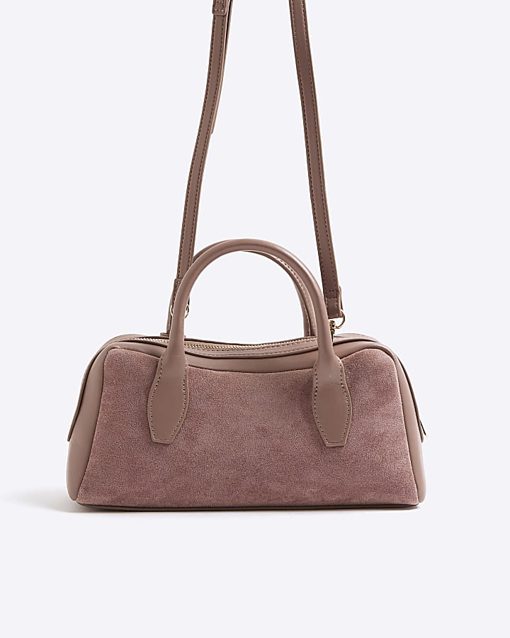 Pink Faux Suede Curved Top Bowler Bag