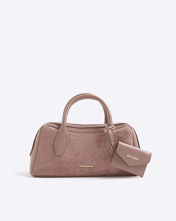 Pink Faux Suede Curved Top Bowler Bag