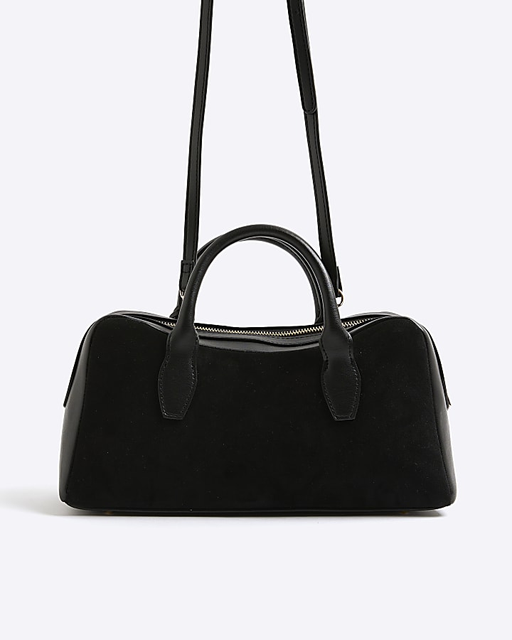 Black Faux Suede Curved Top Bowler Bag