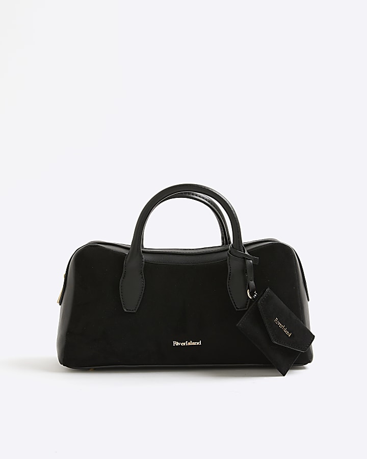 Black Faux Suede Curved Top Bowler Bag