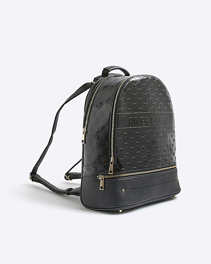 Black Patent Embossed Monogram Print Backpack