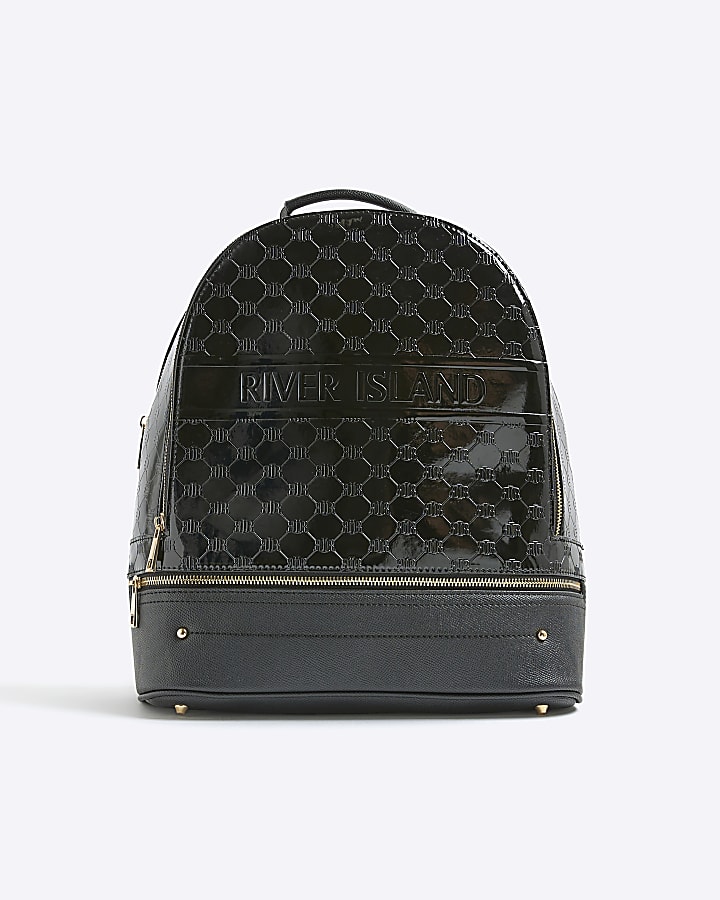 Black Patent Embossed Monogram Print Backpack