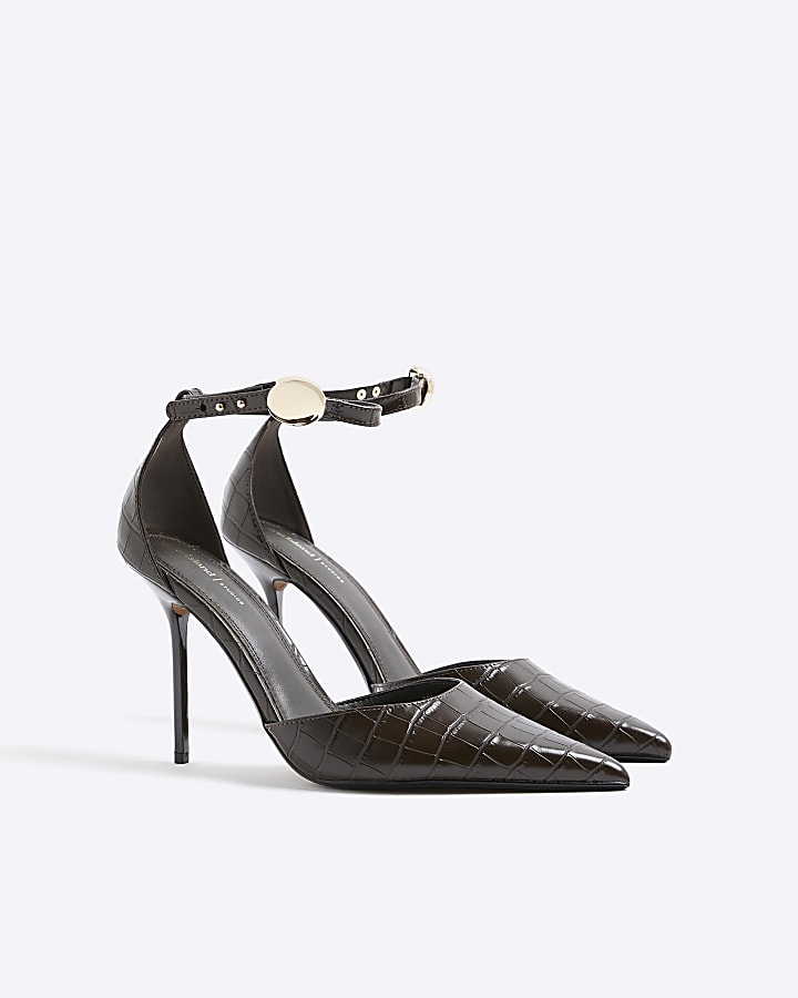 Brown Croc Texture Print Court Heels