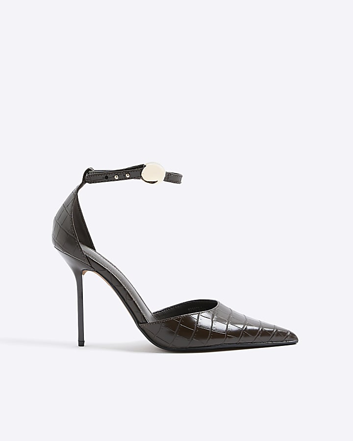 Brown Croc Texture Print Court Heels