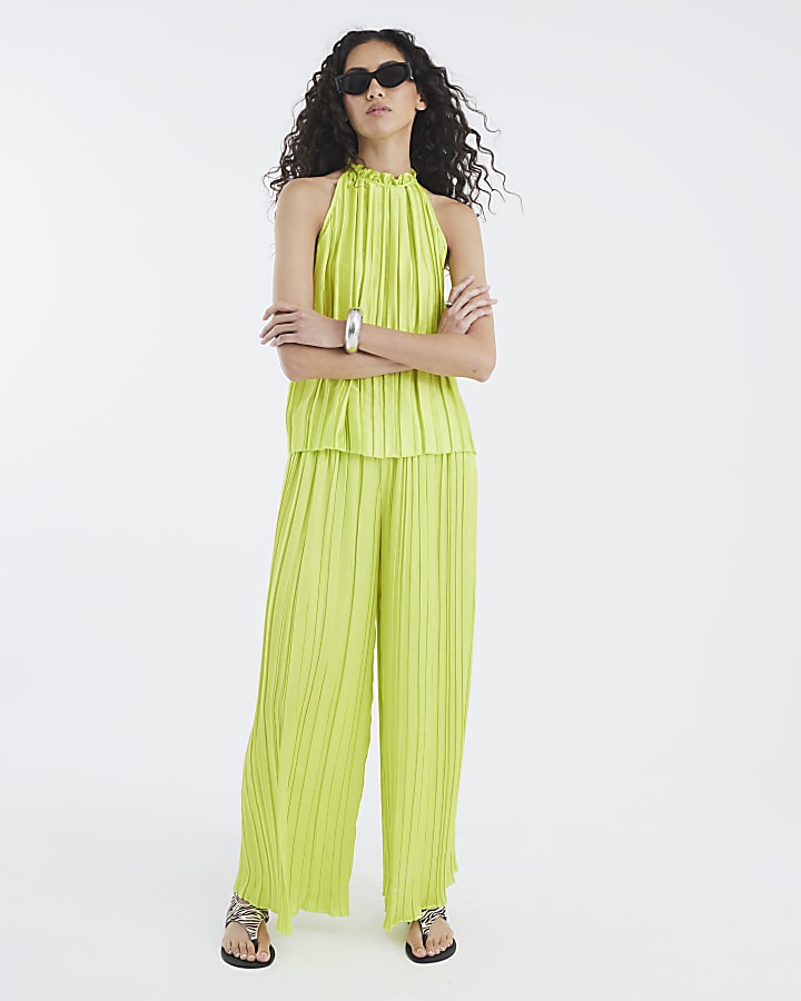 Lime Satin Pleated Wide Leg Trousers