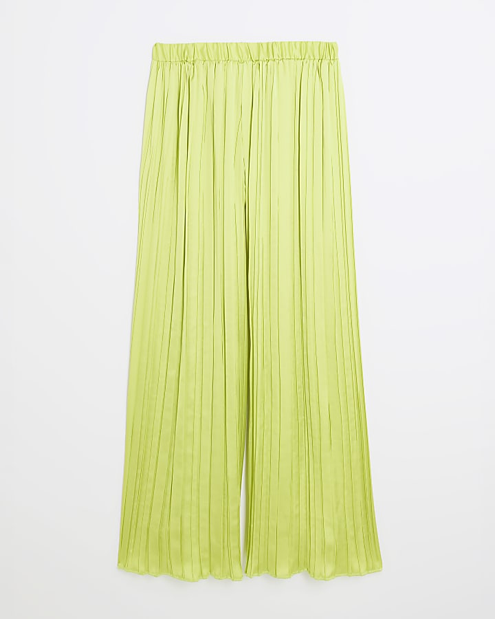 Lime Satin Pleated Wide Leg Trousers