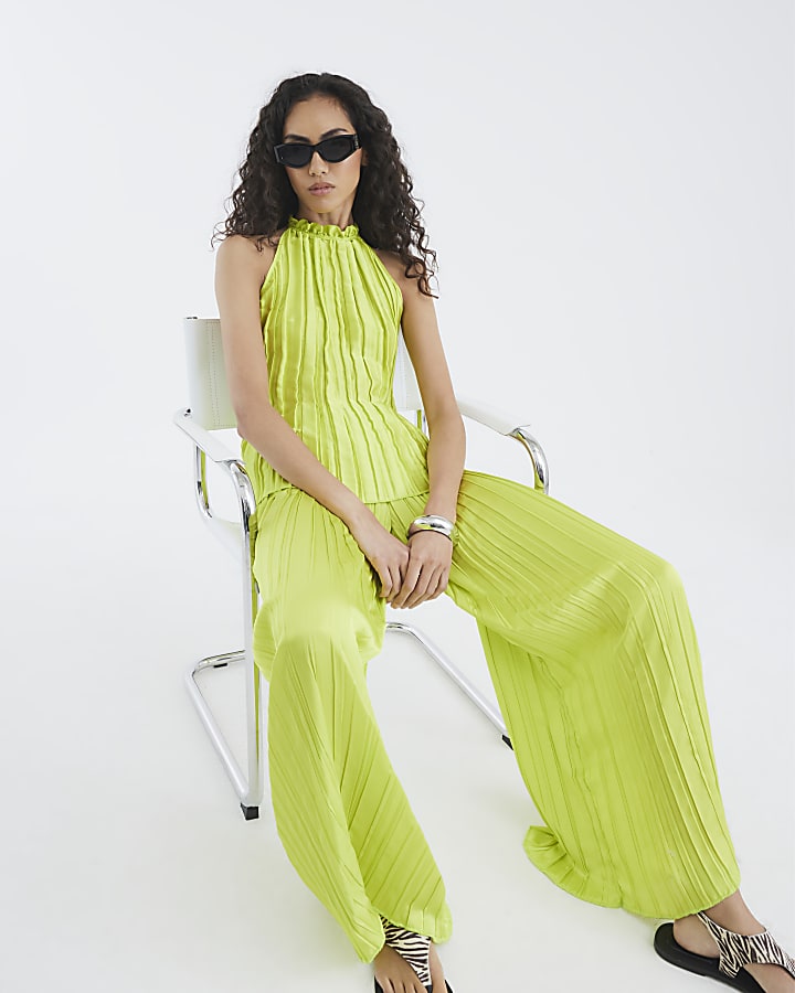 Lime Satin Pleated Wide Leg Trousers