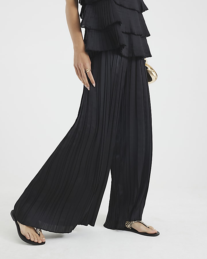 Black Satin Pleated Wide Leg Trousers