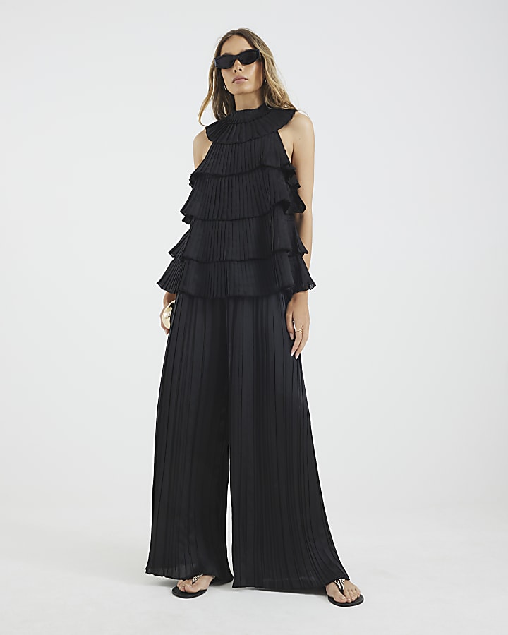 Black Satin Pleated Wide Leg Trousers
