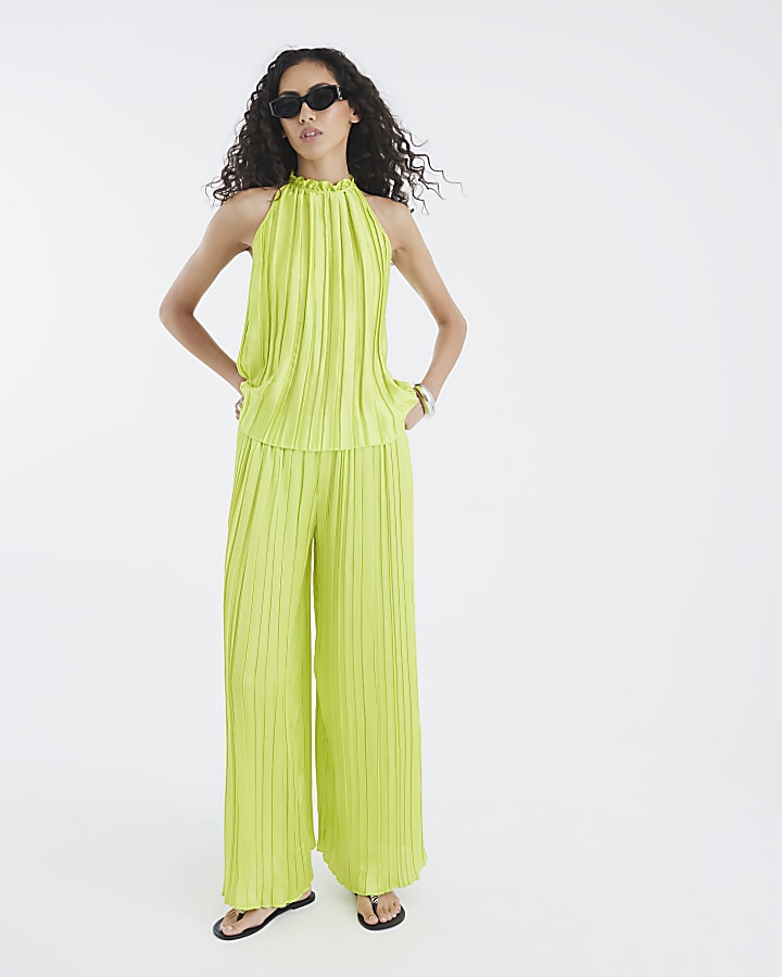 Green Pleated Halter Neck Top