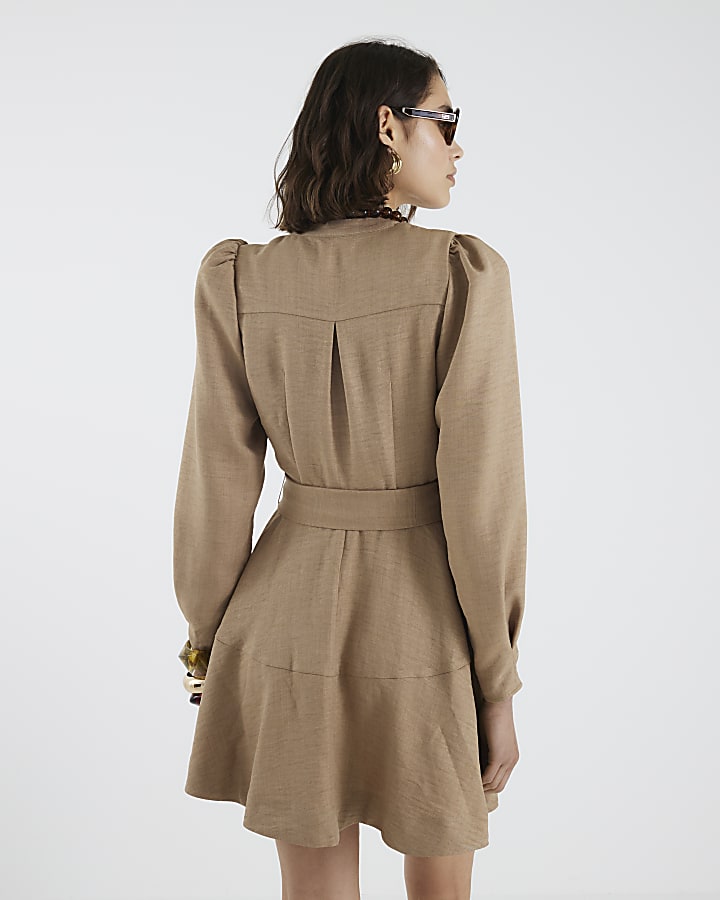 Beige Tie Front Mini Shirt Dress