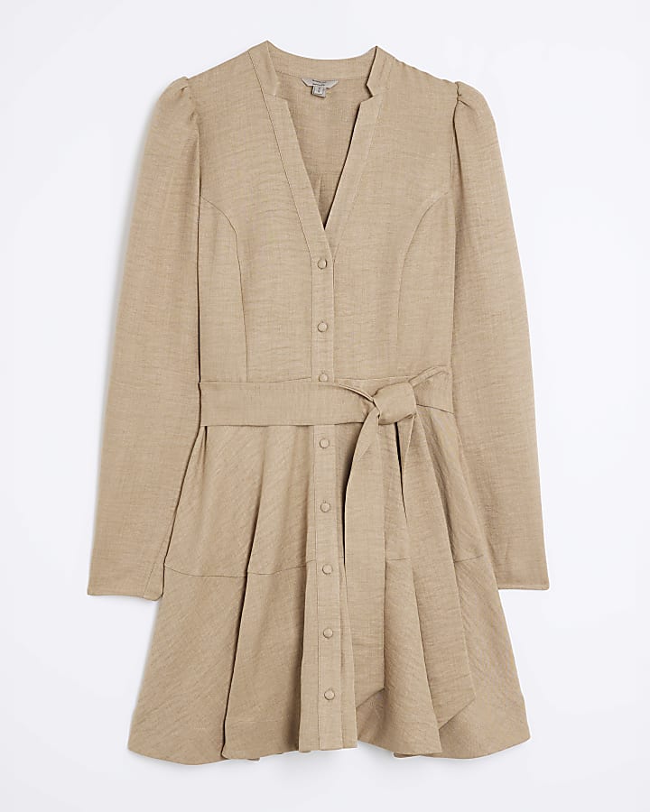 Beige Tie Front Mini Shirt Dress
