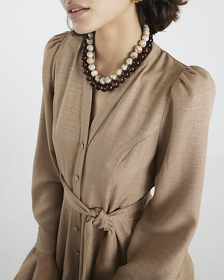 Beige Tie Front Mini Shirt Dress