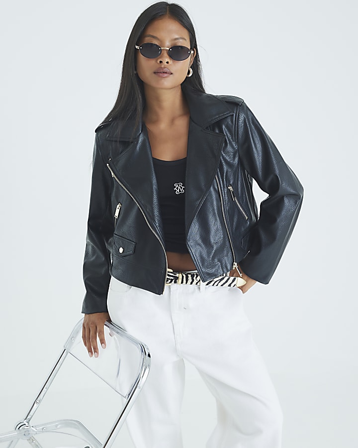 Petite Black Faux Leather Biker Jacket