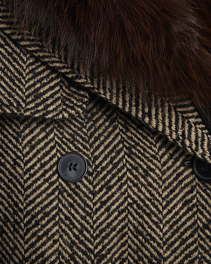 Petite Brown Faux Fur Herringbone Trench Coat