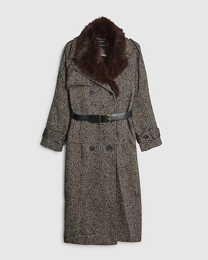 Petite Brown Faux Fur Herringbone Trench Coat