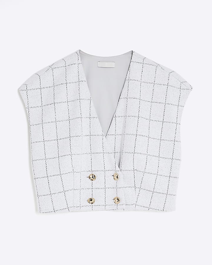 Grey Check Cropped Boucle Waistcoat