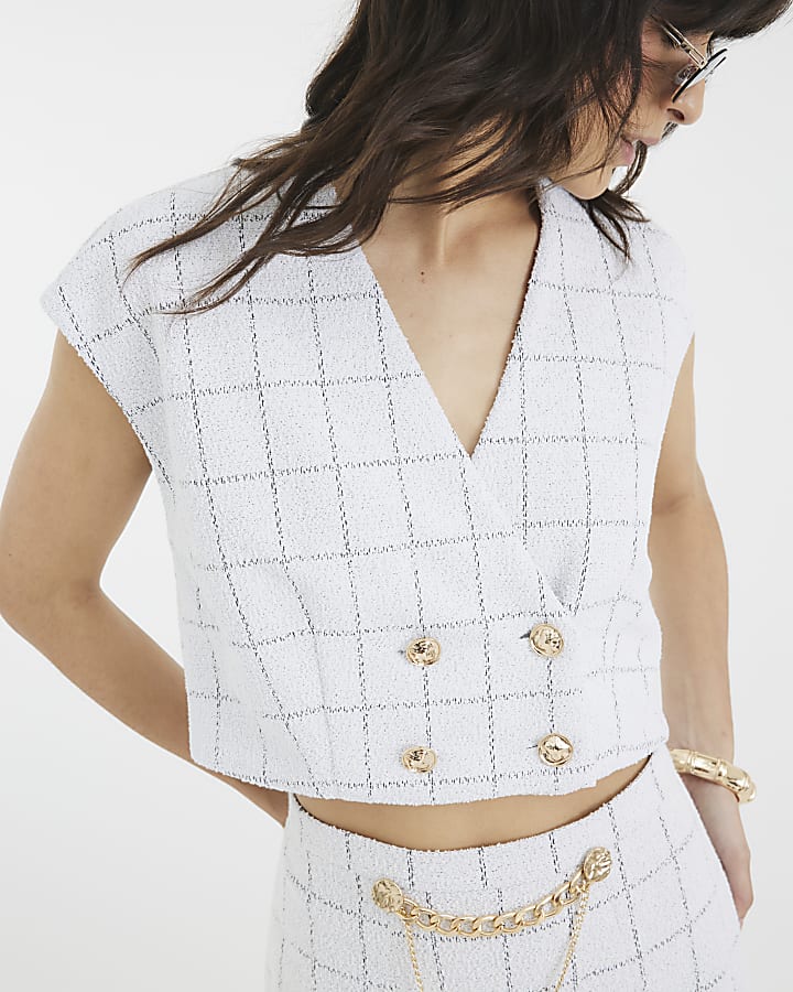Grey Check Cropped Boucle Waistcoat