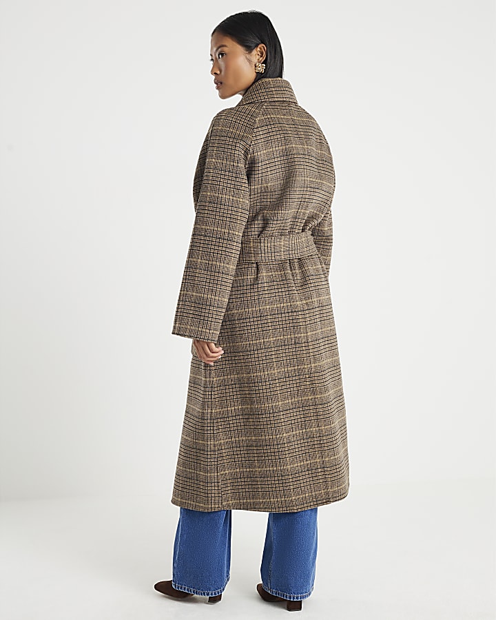 Petite Brown Wool Blend Check Trench Coat