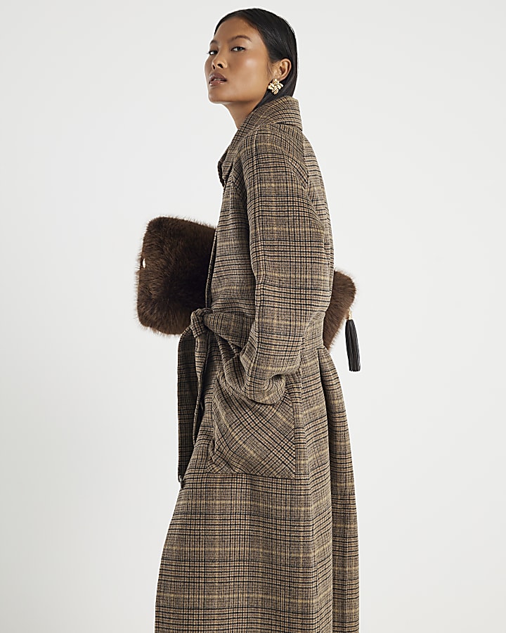Petite Brown Wool Blend Check Trench Coat