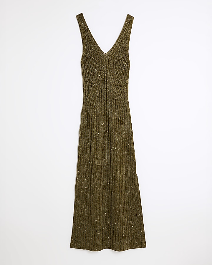 Green Knit Sequin Maxi Dress