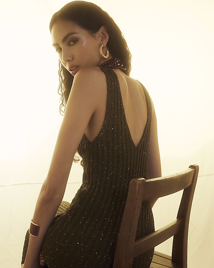 Green Knit Sequin Maxi Dress