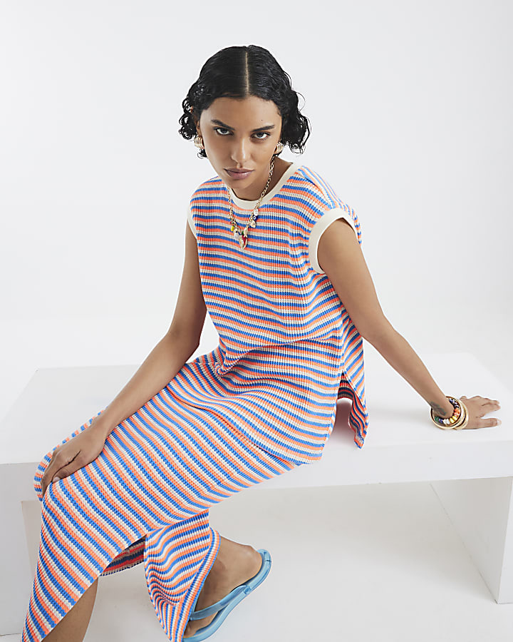 Pink Textured Stripe Midi Skirt