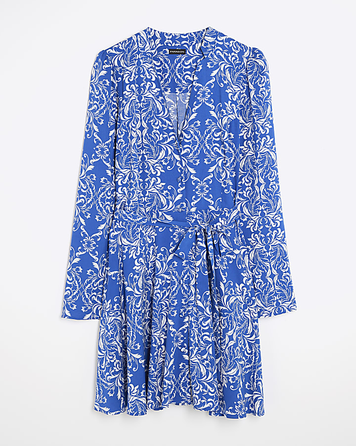 Blue Tie Front Long Sleeve Mini Shirt Dress