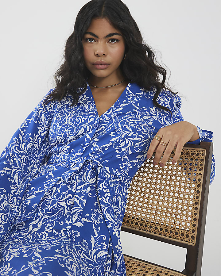 Blue Tie Front Long Sleeve Mini Shirt Dress
