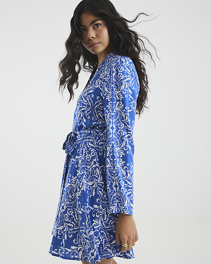 Blue Tie Front Long Sleeve Mini Shirt Dress
