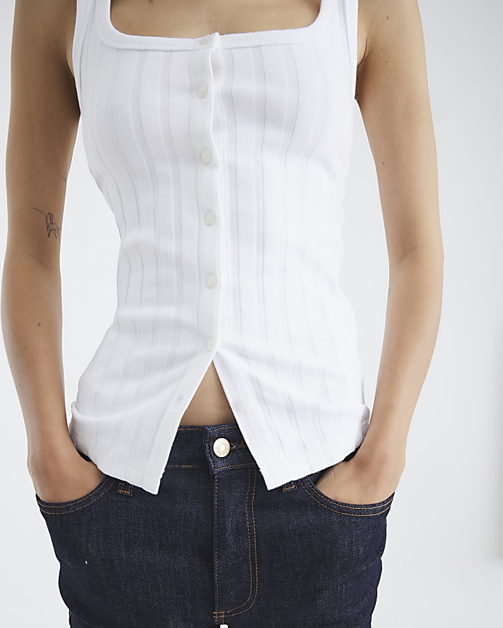 White Sleeveless Button Down Cami Top