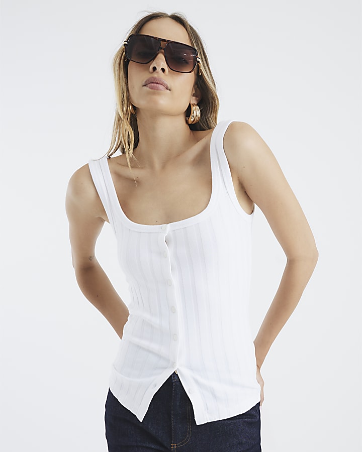 White Sleeveless Button Down Cami Top