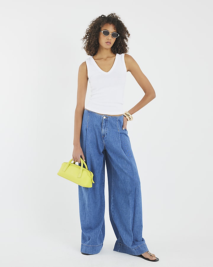 White Sleeveless V Neck Ribbed Vest Top