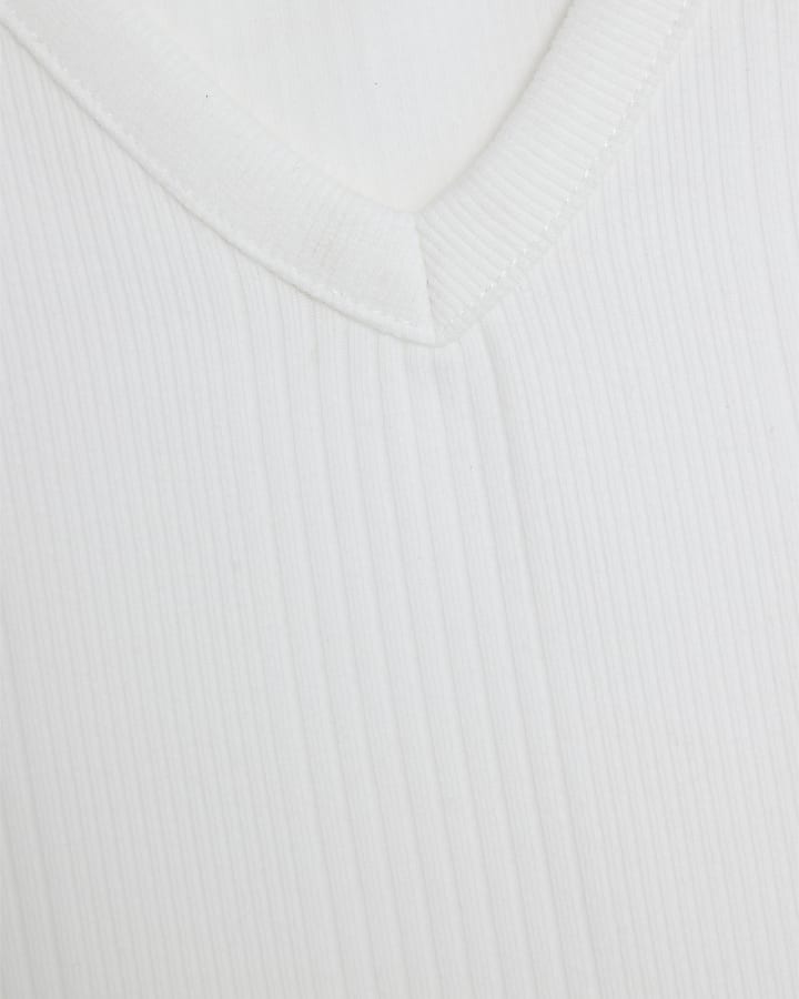 White Sleeveless V Neck Ribbed Vest Top