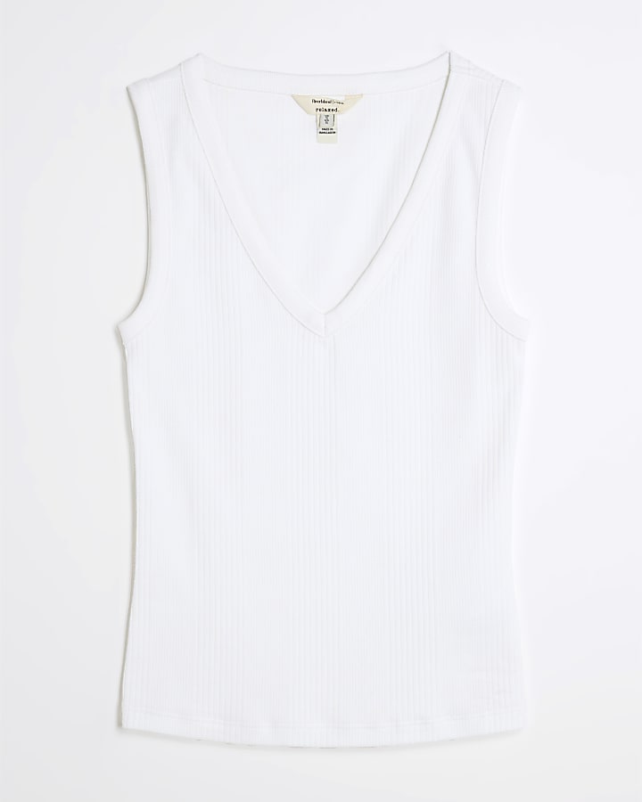 White Sleeveless V Neck Ribbed Vest Top