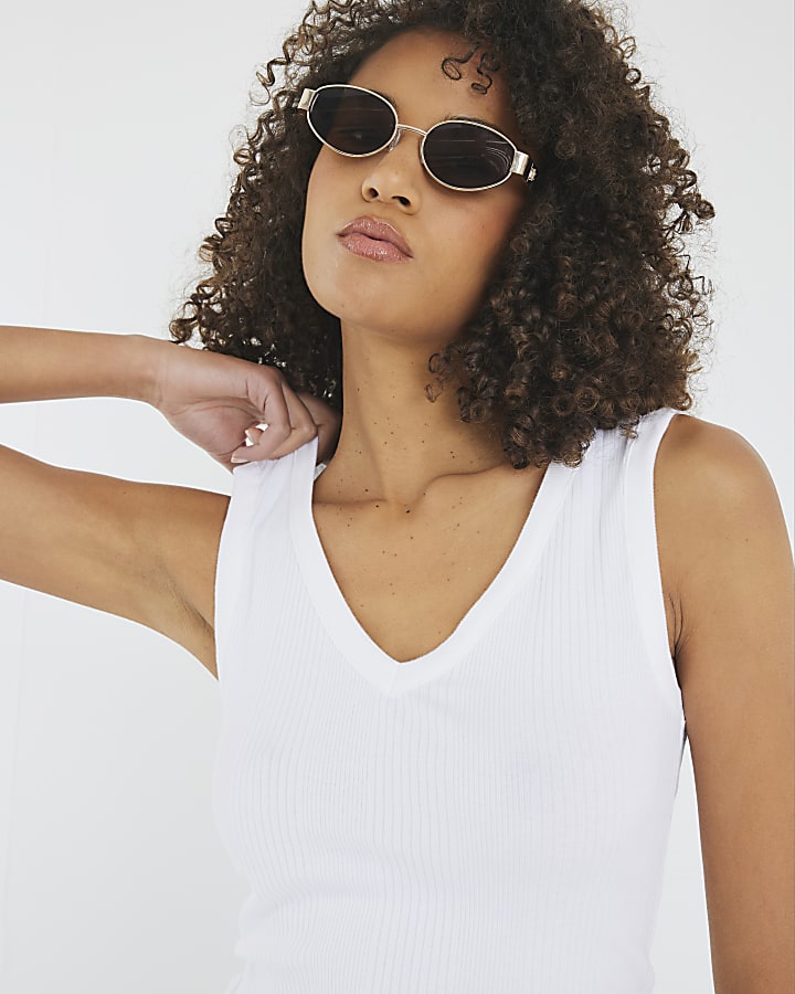 White Sleeveless V Neck Ribbed Vest Top