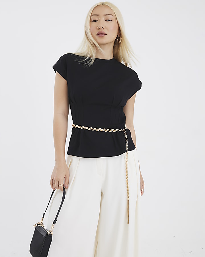 Black Grown On Sleeve Seamed T-shirt