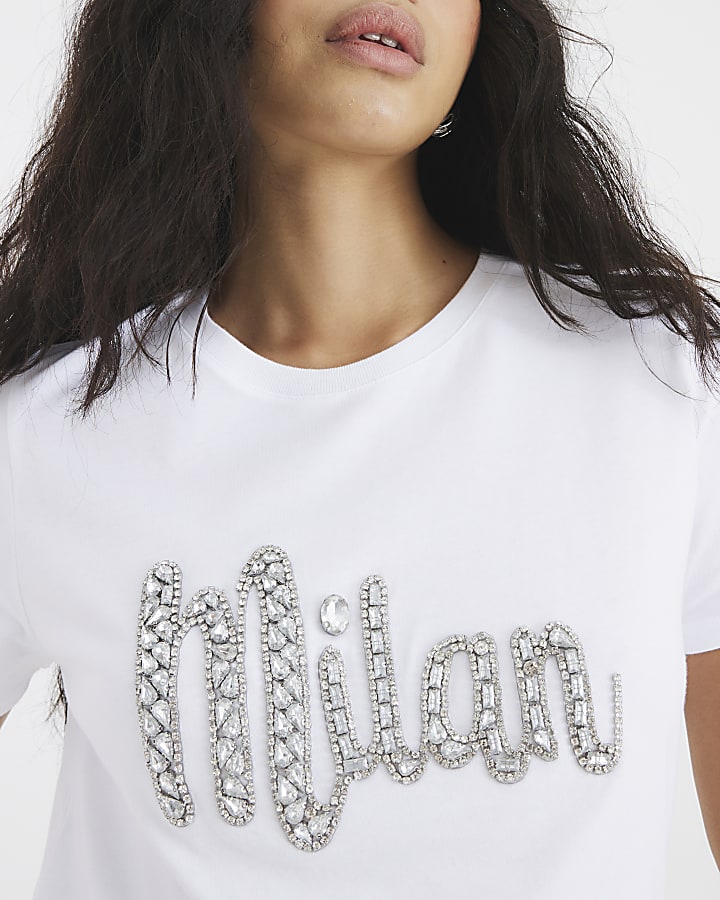White Diamante Milan T-Shirt