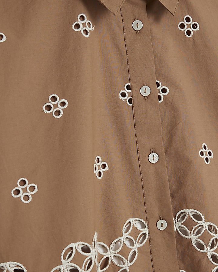 Brown Long Sleeve Cropped Broderie Shirt