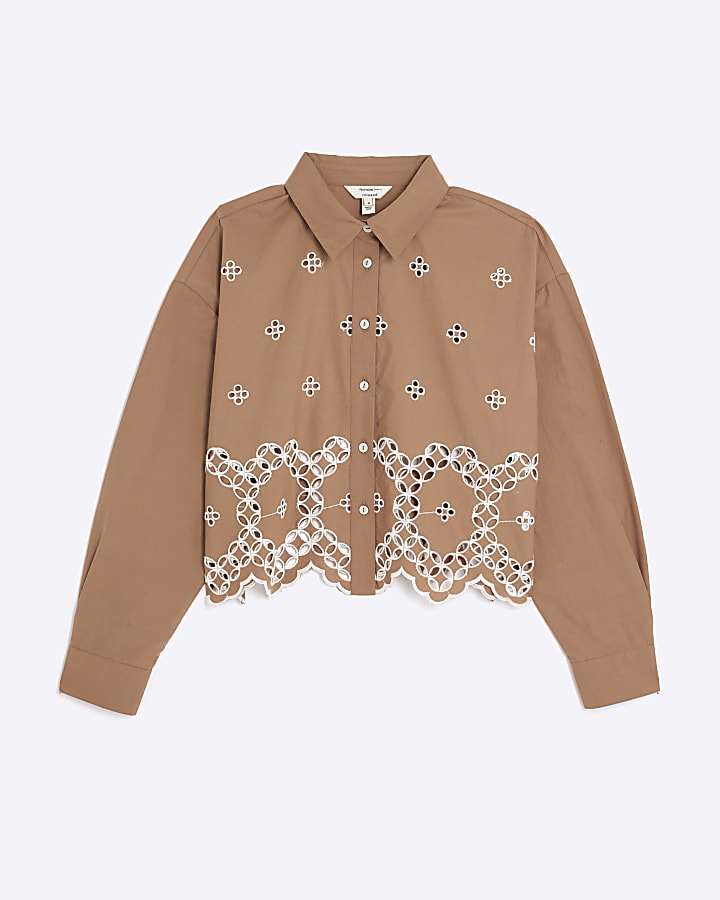 Brown Long Sleeve Cropped Broderie Shirt