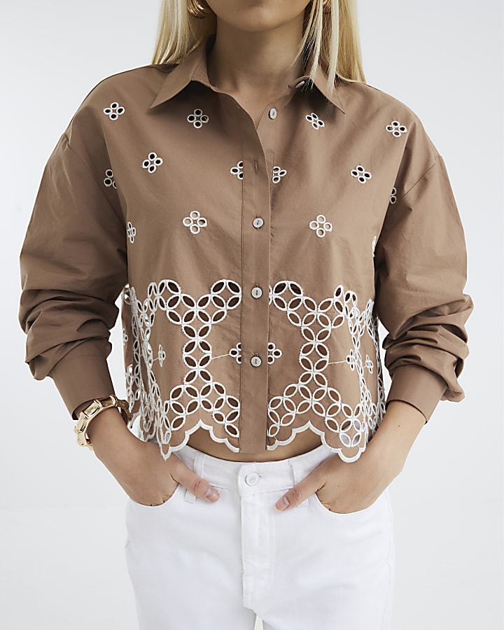 Brown Long Sleeve Cropped Broderie Shirt