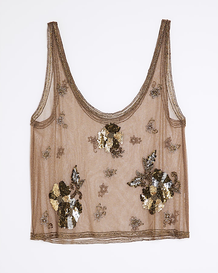 Brown Sleeveless Mesh Embellished Vest