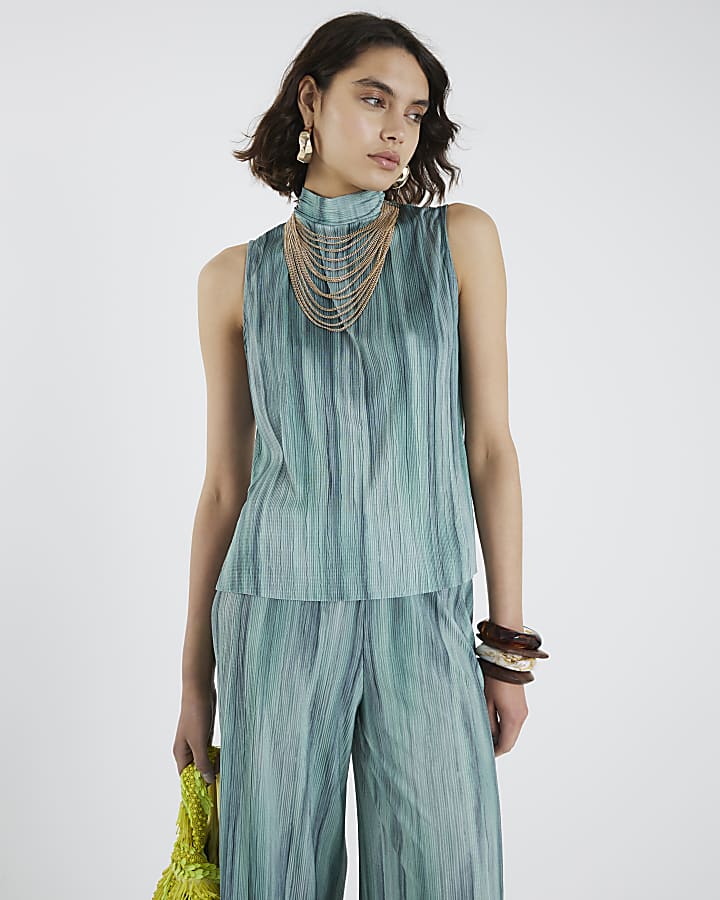 Blue Plisse Ombre High Neck Top