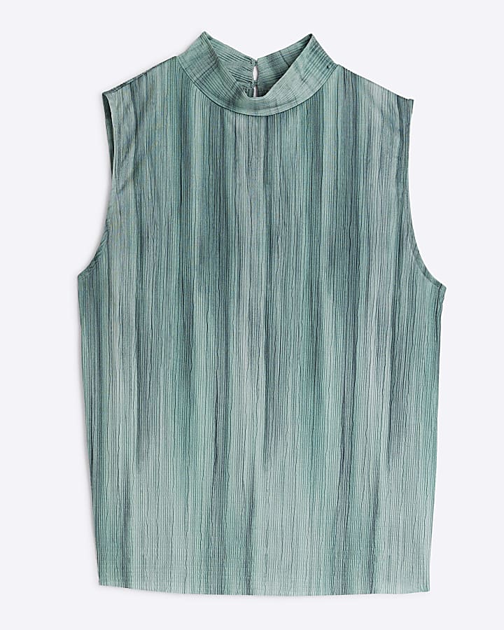Blue Plisse Ombre High Neck Top