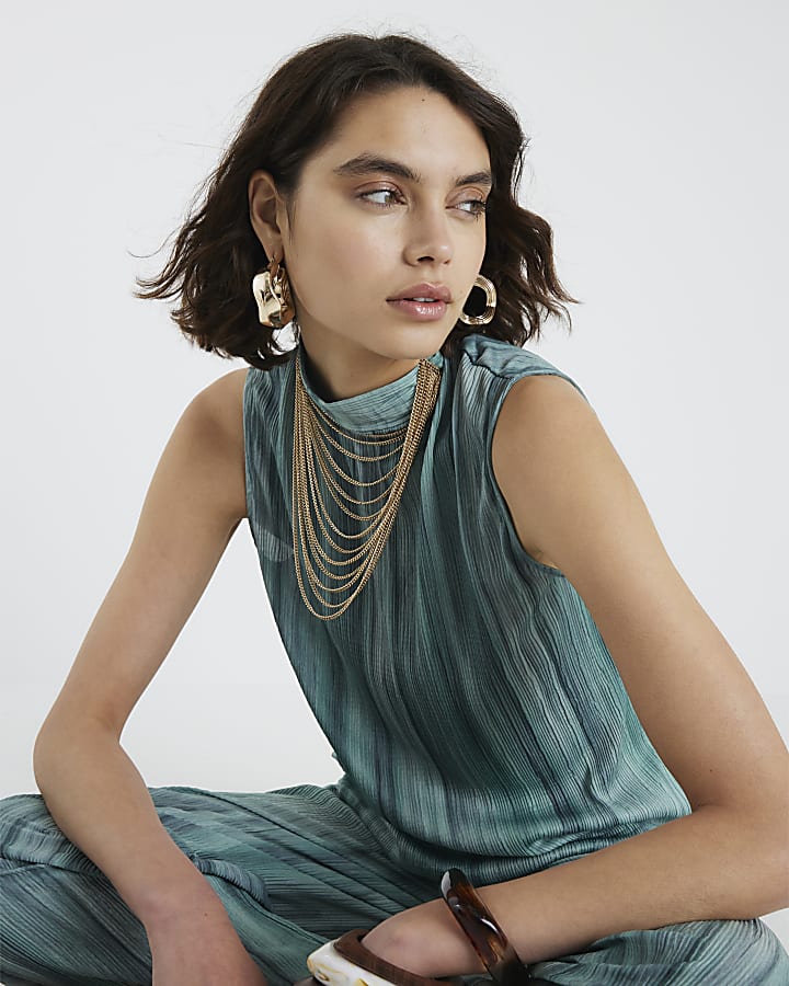 Blue Plisse Ombre High Neck Top