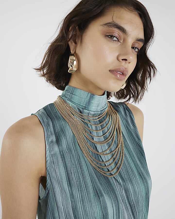 Blue Plisse Ombre High Neck Top