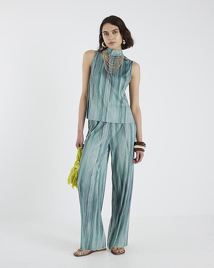 Blue Plisse Ombre High Neck Top